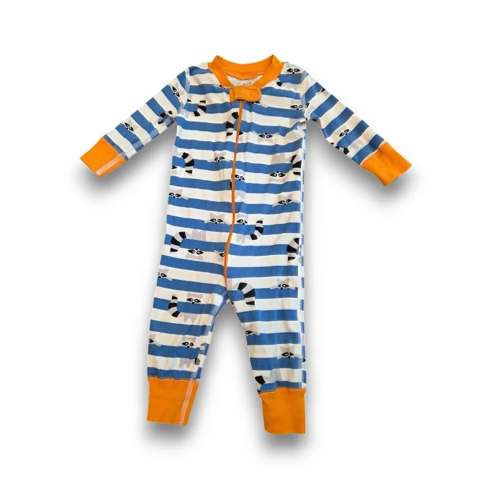 Hanna Andersson Raccoon Striped Blue Orange One Piece Sleeper Pajamas 60 US 6-9m